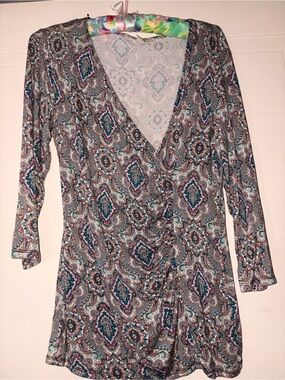 Dana Buchman Pastel Paisley Print Tunic Top in Teal & Mauve